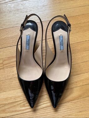 Prada Black Patent Leather Pointed Slingback Pumps
